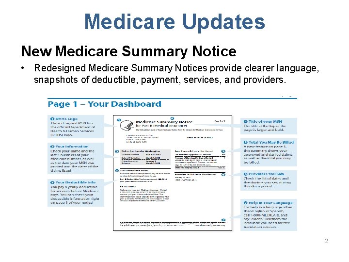 Medicare Updates New Medicare Summary Notice • Redesigned Medicare Summary Notices provide clearer language,