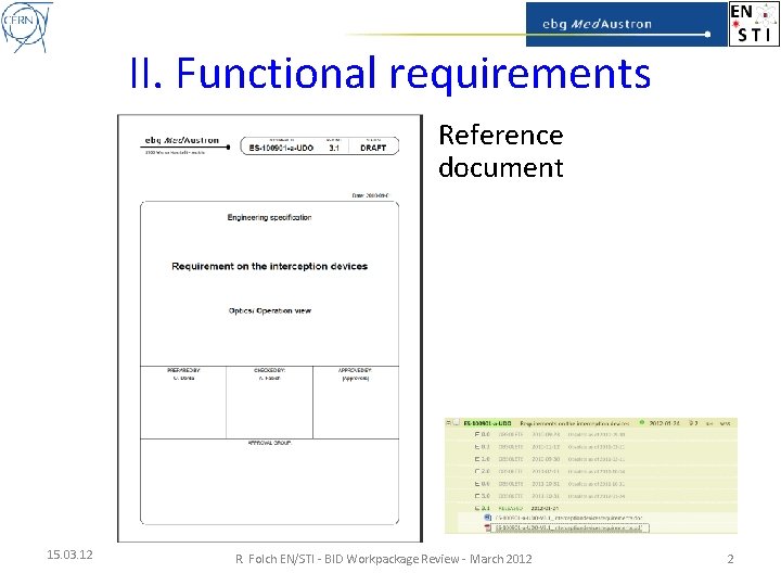 II. Functional requirements Reference document 15. 03. 12 R. Folch EN/STI - BID Workpackage