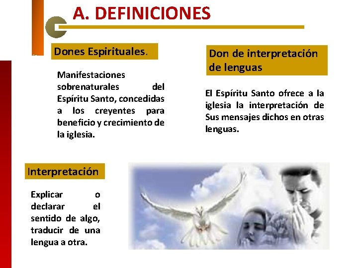 A. DEFINICIONES Dones Espirituales. Manifestaciones sobrenaturales del Espíritu Santo, concedidas a los creyentes para A. DEFINICIONES Dones Espirituales. Manifestaciones sobrenaturales del Espíritu Santo, concedidas a los creyentes para