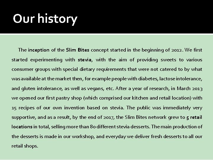 Our history The inception of the Slim Bites concept started in the beginning of