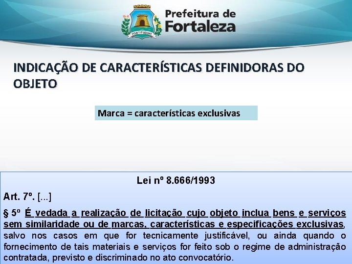 INDICAÇÃO DE CARACTERÍSTICAS DEFINIDORAS DO OBJETO Marca = características exclusivas Lei nº 8. 666/1993