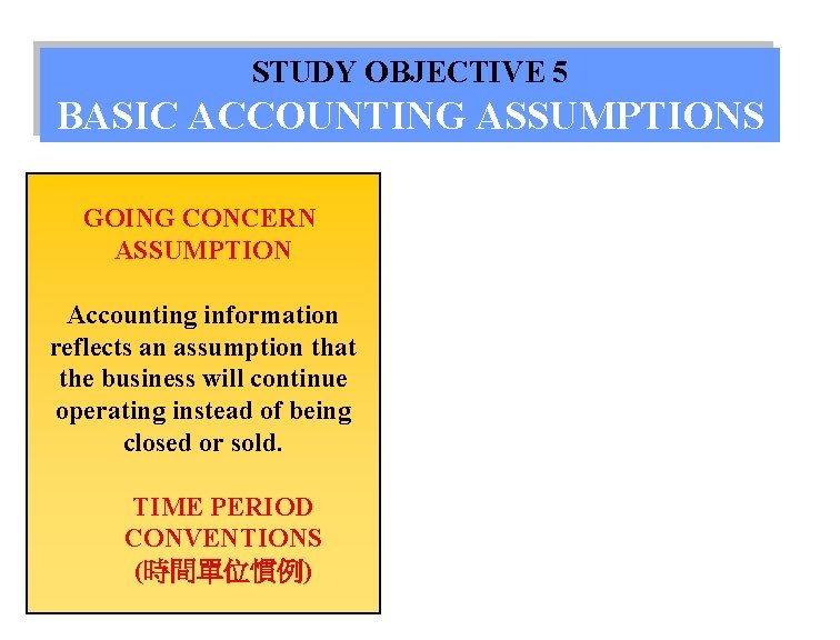 STUDY OBJECTIVE 5 BASIC ACCOUNTING ASSUMPTIONS GOING CONCERN ASSUMPTION Accounting information reflects an assumption