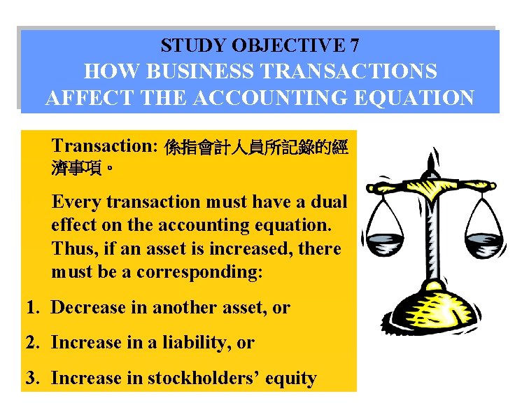 STUDY OBJECTIVE 7 HOW BUSINESS TRANSACTIONS AFFECT THE ACCOUNTING EQUATION • Transaction: 係指會計人員所記錄的經 濟事項。