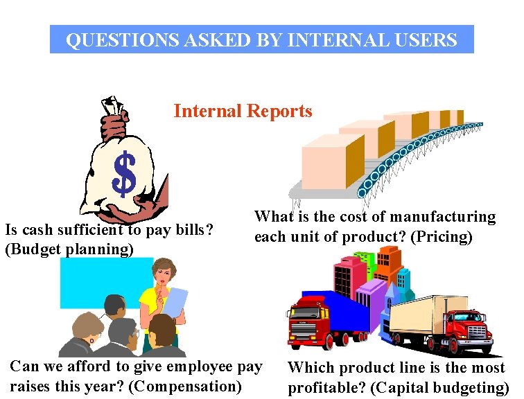 QUESTIONS ASKED BY INTERNAL USERS Internal Reports Is cash sufficient to pay bills? (Budget