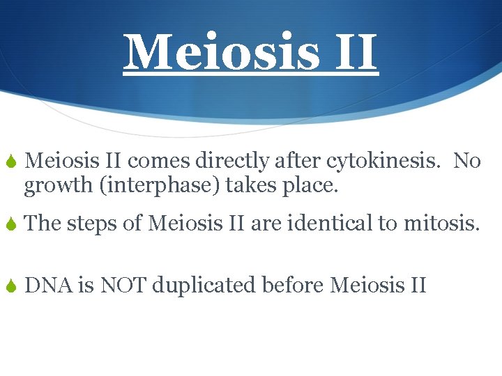 Meiosis II S Meiosis II comes directly after cytokinesis. No growth (interphase) takes place.