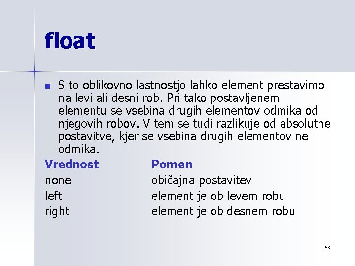 float S to oblikovno lastnostjo lahko element prestavimo na levi ali desni rob. Pri