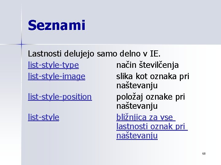 Seznami Lastnosti delujejo samo delno v IE. list-style-type način številčenja list-style-image slika kot oznaka