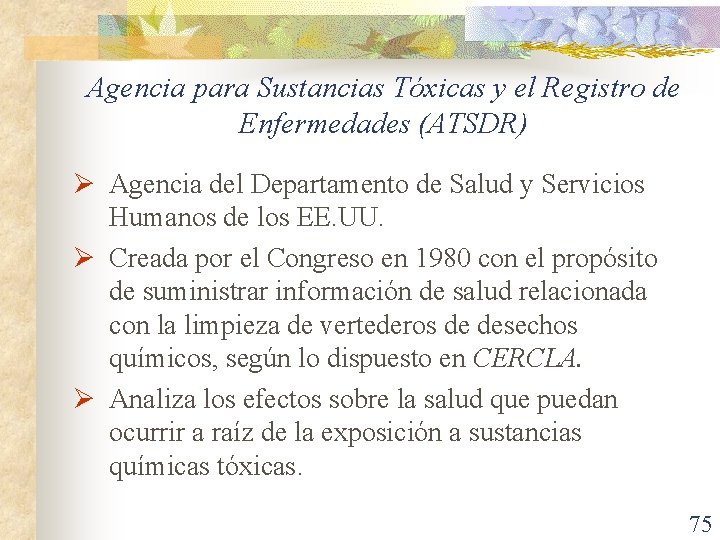 Agencia para Sustancias Tóxicas y el Registro de Enfermedades (ATSDR) Ø Agencia del Departamento