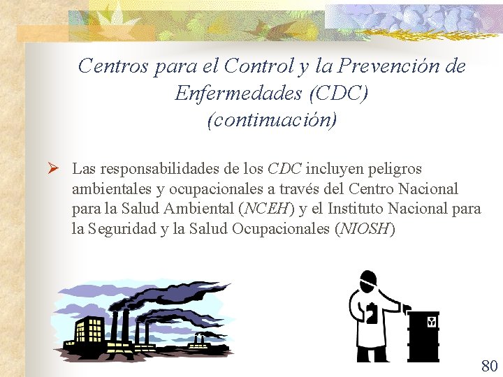 Centros para el Control y la Prevención de Enfermedades (CDC) (continuación) Ø Las responsabilidades