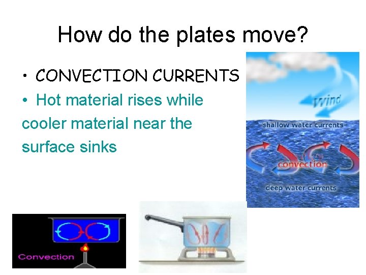 How do the plates move? • CONVECTION CURRENTS • Hot material rises while cooler