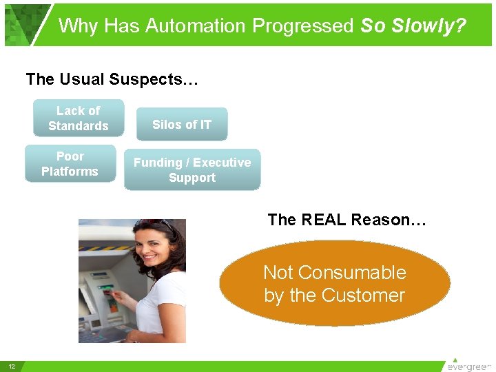 Why Has Automation Progressed So Slowly? The Usual Suspects… Lack of Standards Poor Platforms