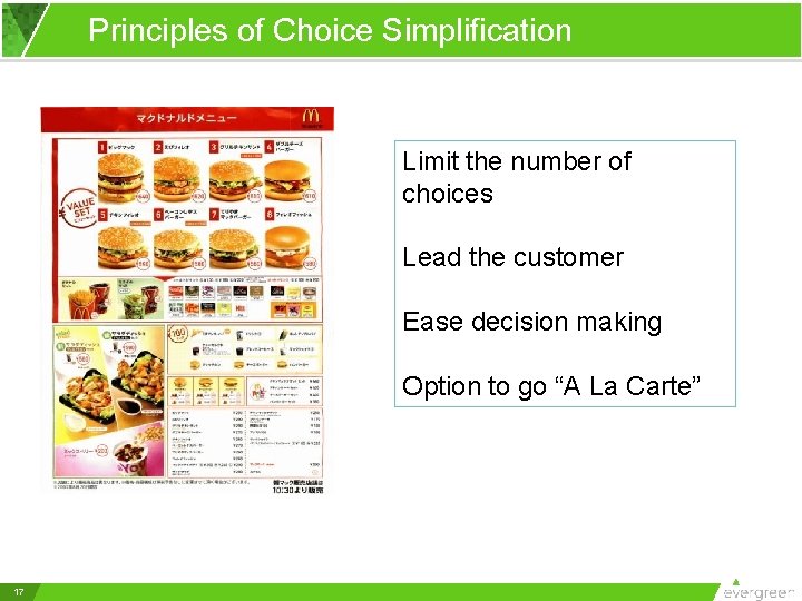 Principles of Choice Simplification Limit the number of choices Lead the customer Ease decision