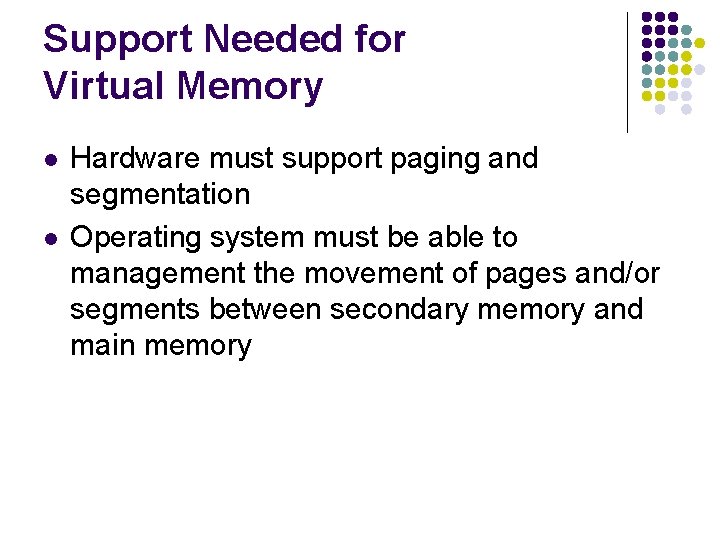 Support Needed for Virtual Memory l l Hardware must support paging and segmentation Operating