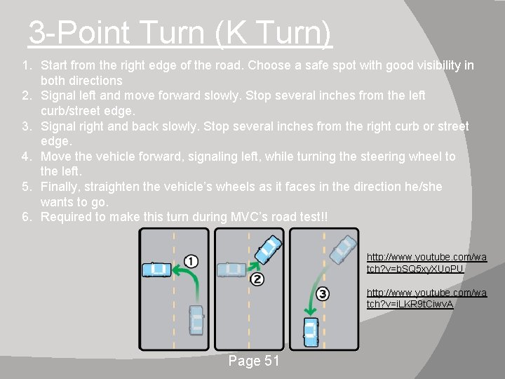 3 -Point Turn (K Turn) 1. Start from the right edge of the road.