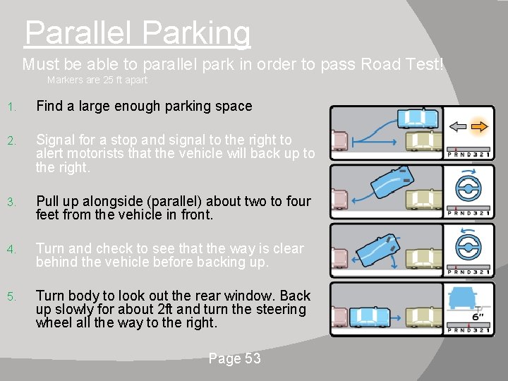 Parallel Parking Must be able to parallel park in order to pass Road Test!