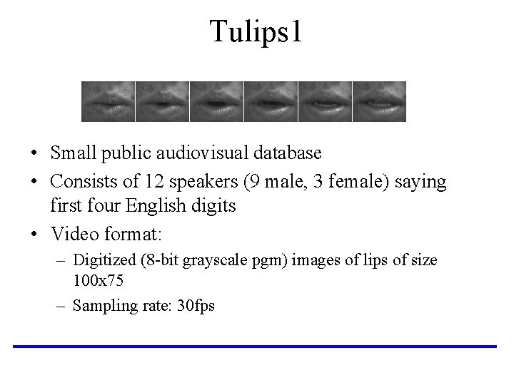 Tulips 1 • Small public audiovisual database • Consists of 12 speakers (9 male,