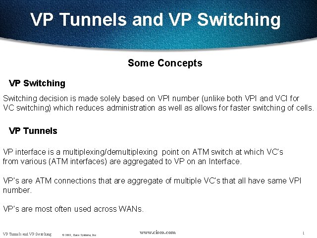 VP Tunnels and VP Switching Some Concepts VP Switching decision is made solely based