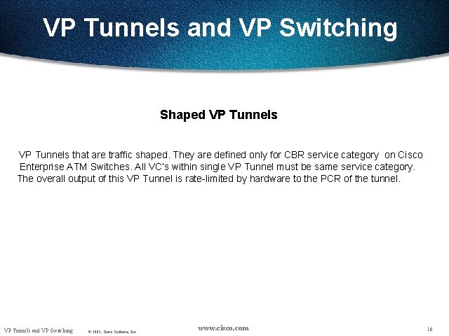 VP Tunnels and VP Switching Shaped VP Tunnels that are traffic shaped. They are