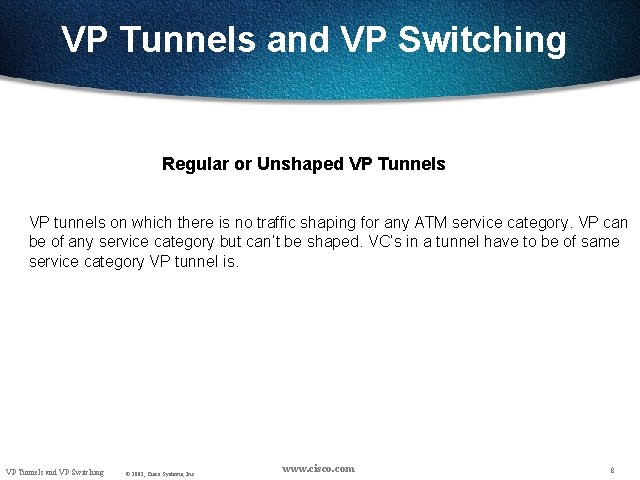 VP Tunnels and VP Switching Regular or Unshaped VP Tunnels VP tunnels on which