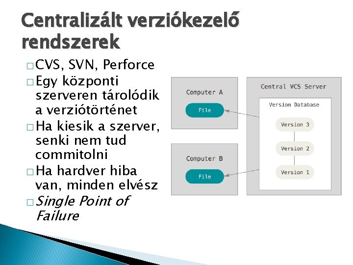 Centralizált verziókezelő rendszerek � CVS, SVN, Perforce � Egy központi szerveren tárolódik a verziótörténet