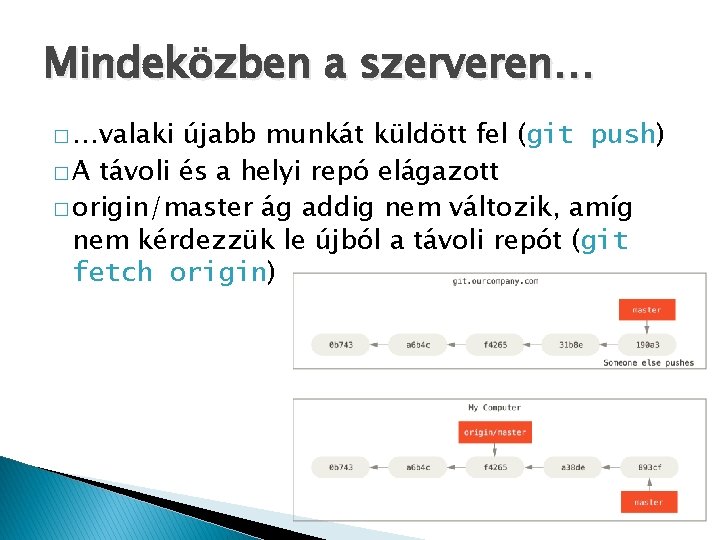 Mindeközben a szerveren… � …valaki újabb munkát küldött fel (git push) � A távoli