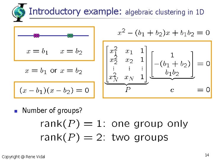 Introductory example: n algebraic clustering in 1 D Number of groups? Copyright @ Rene