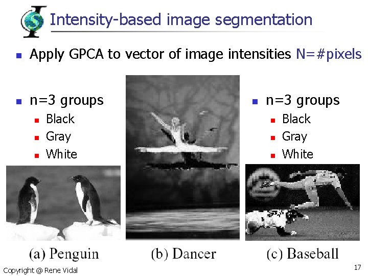 Intensity-based image segmentation n Apply GPCA to vector of image intensities N=#pixels n n=3