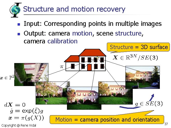 Structure and motion recovery n n Input: Corresponding points in multiple images Output: camera