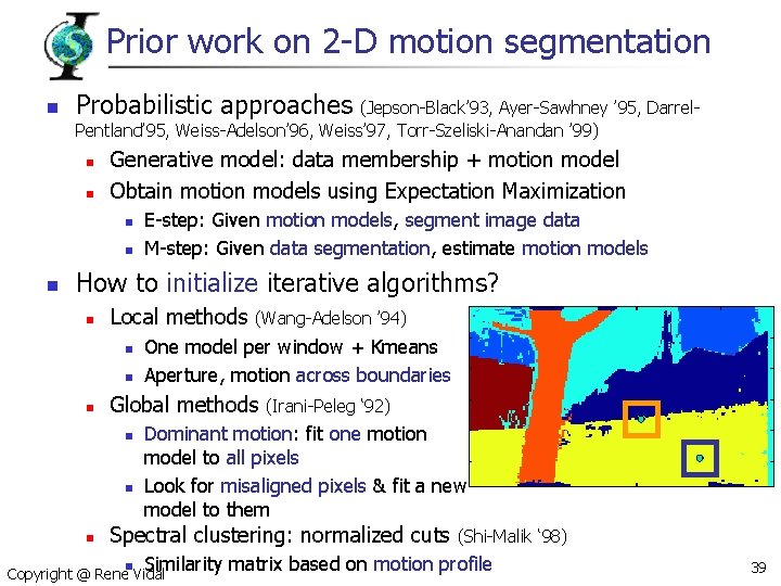 Prior work on 2 -D motion segmentation n Probabilistic approaches (Jepson-Black’ 93, Ayer-Sawhney ’