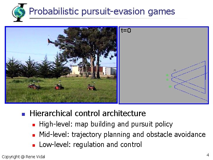 Probabilistic pursuit-evasion games n Hierarchical control architecture n n n High-level: map building and