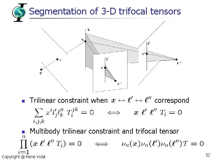 Segmentation of 3 -D trifocal tensors n Trilinear constraint when n Multibody trilinear constraint