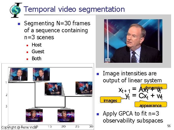 Temporal video segmentation n Segmenting N=30 frames of a sequence containing n=3 scenes n