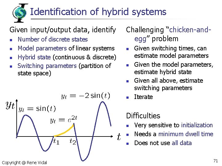 Identification of hybrid systems Given input/output data, identify n n Number of discrete states