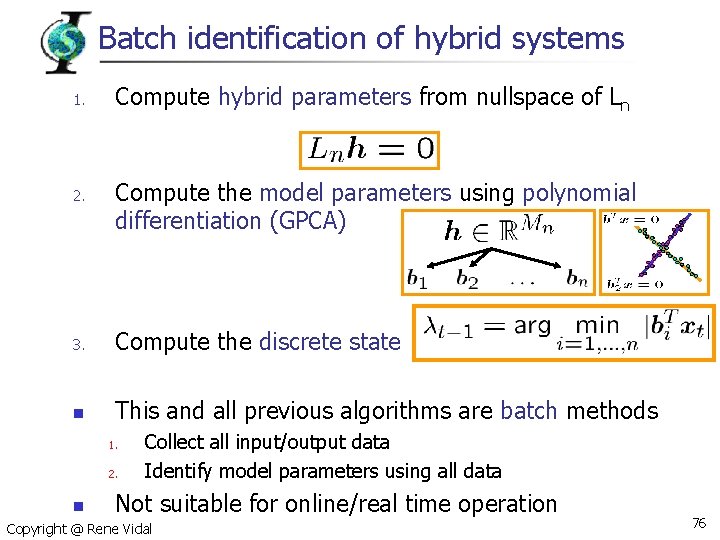 Batch identification of hybrid systems 1. 2. Compute hybrid parameters from nullspace of Ln