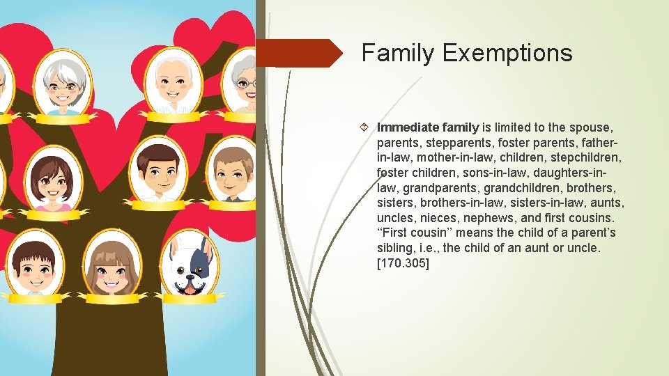 Family Exemptions Immediate family is limited to the spouse, parents, stepparents, foster parents, fatherin-law,