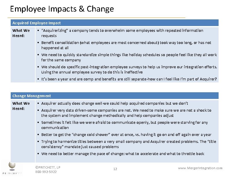 Employee Impacts & Change Acquired Employee Impact What We Heard: § “Acquirerizing” a company