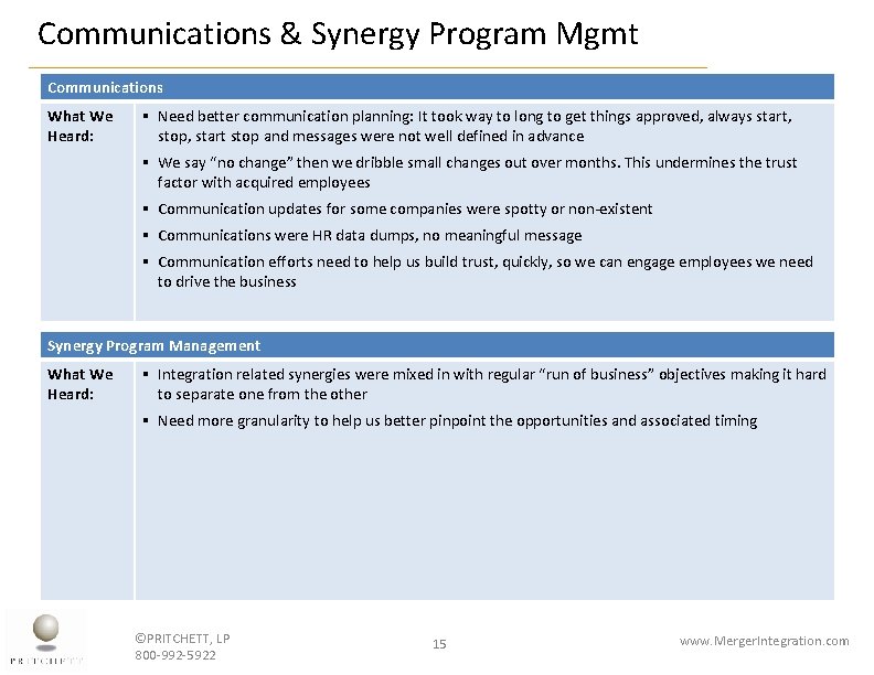 Communications & Synergy Program Mgmt Communications What We Heard: § Need better communication planning: