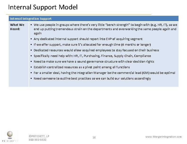 Internal Support Model Internal Integration Support What We Heard: § We use people in