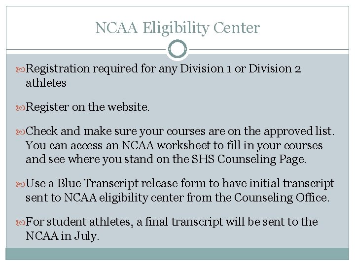 NCAA Eligibility Center Registration required for any Division 1 or Division 2 athletes Register NCAA Eligibility Center Registration required for any Division 1 or Division 2 athletes Register