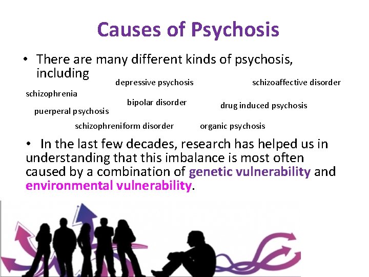 Causes of Psychosis • There are many different kinds of psychosis, including depressive psychosis