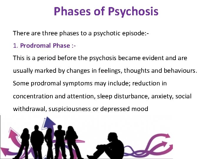 Phases of Psychosis There are three phases to a psychotic episode: 1. Prodromal Phase