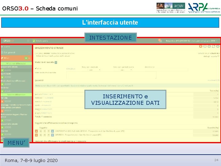 ORSO 3. 0 – Scheda comuni L'interfaccia utente INTESTAZIONE INSERIMENTO e VISUALIZZAZIONE DATI MENU’