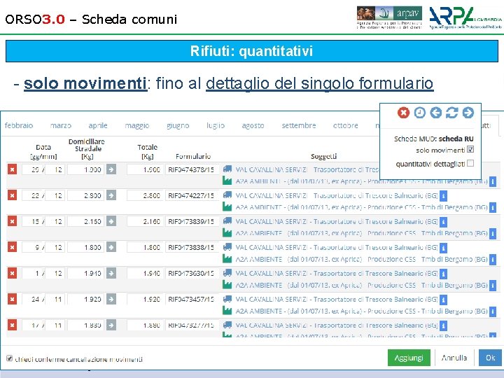 ORSO 3. 0 – Scheda comuni Rifiuti: quantitativi - solo movimenti: fino al dettaglio
