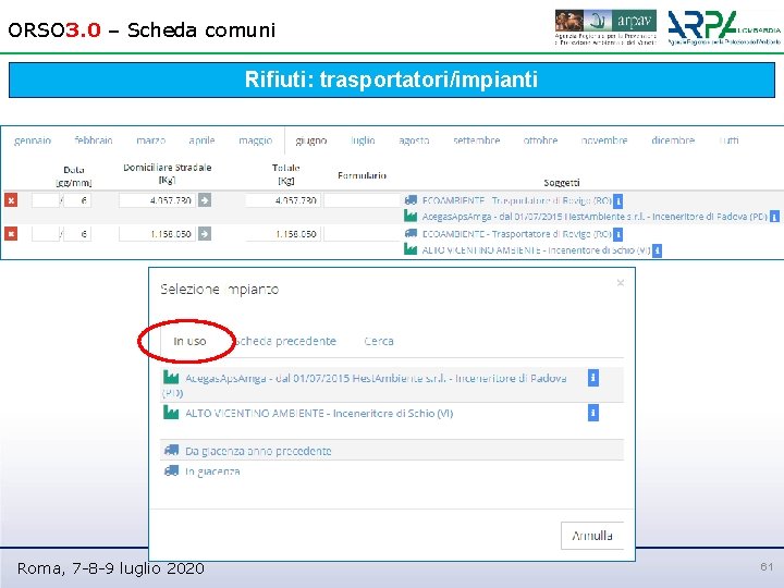 ORSO 3. 0 – Scheda comuni Rifiuti: trasportatori/impianti Roma, 7 -8 -9 luglio 2020