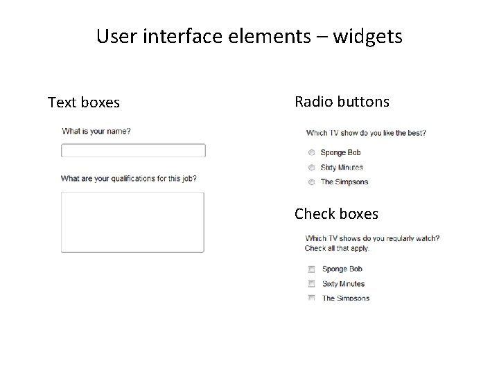 User interface elements – widgets Text boxes Radio buttons Check boxes User interface elements – widgets Text boxes Radio buttons Check boxes