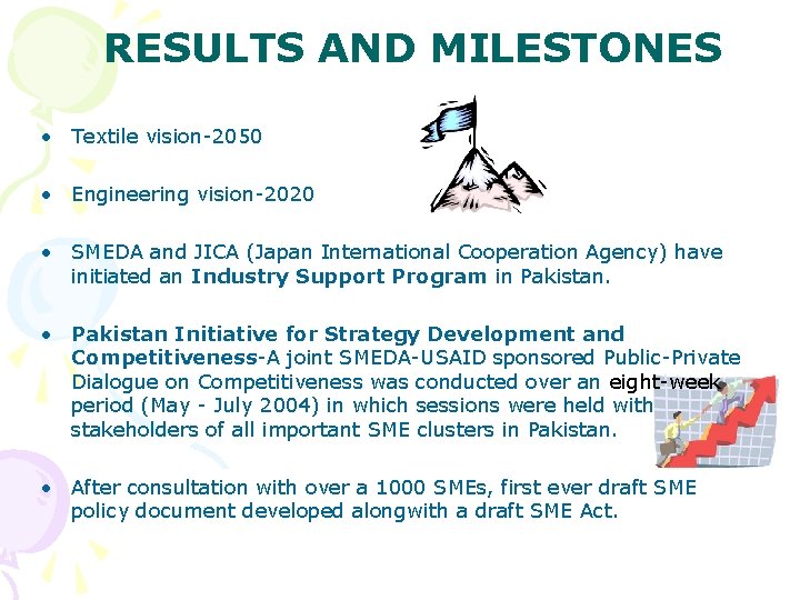 RESULTS AND MILESTONES • Textile vision-2050 • Engineering vision-2020 • SMEDA and JICA (Japan