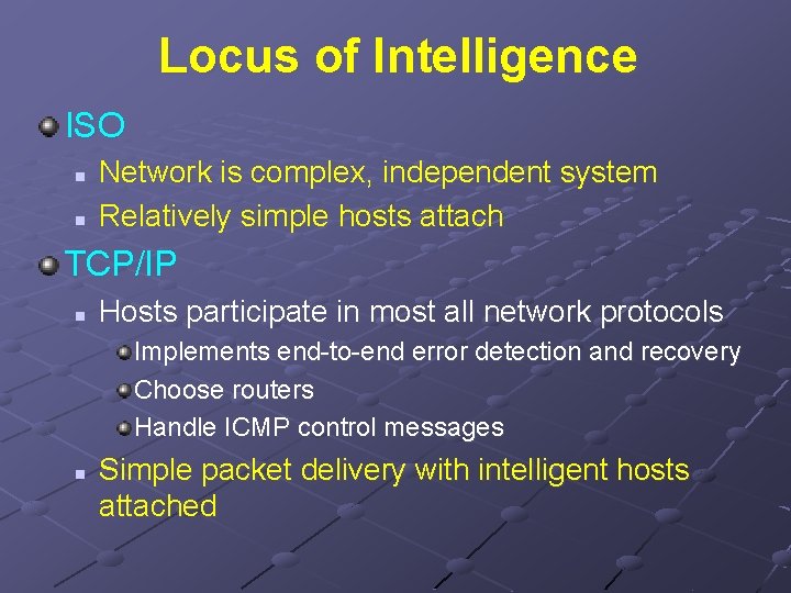 Locus of Intelligence ISO n n Network is complex, independent system Relatively simple hosts