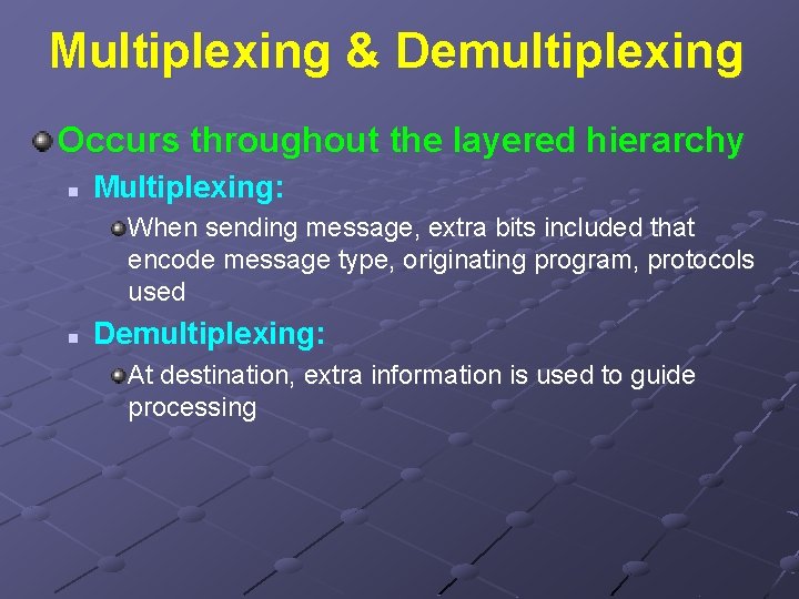 Multiplexing & Demultiplexing Occurs throughout the layered hierarchy n Multiplexing: When sending message, extra