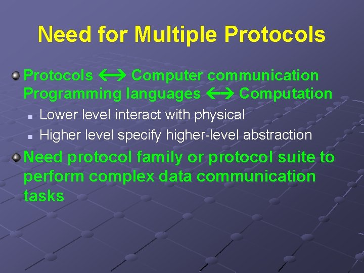 Need for Multiple Protocols Computer communication Programming languages Computation n n Lower level interact