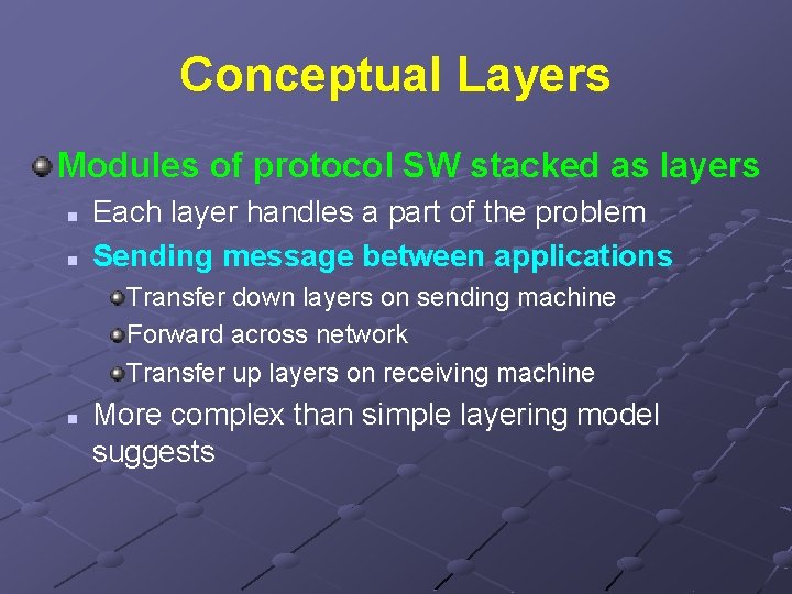 Conceptual Layers Modules of protocol SW stacked as layers n n Each layer handles